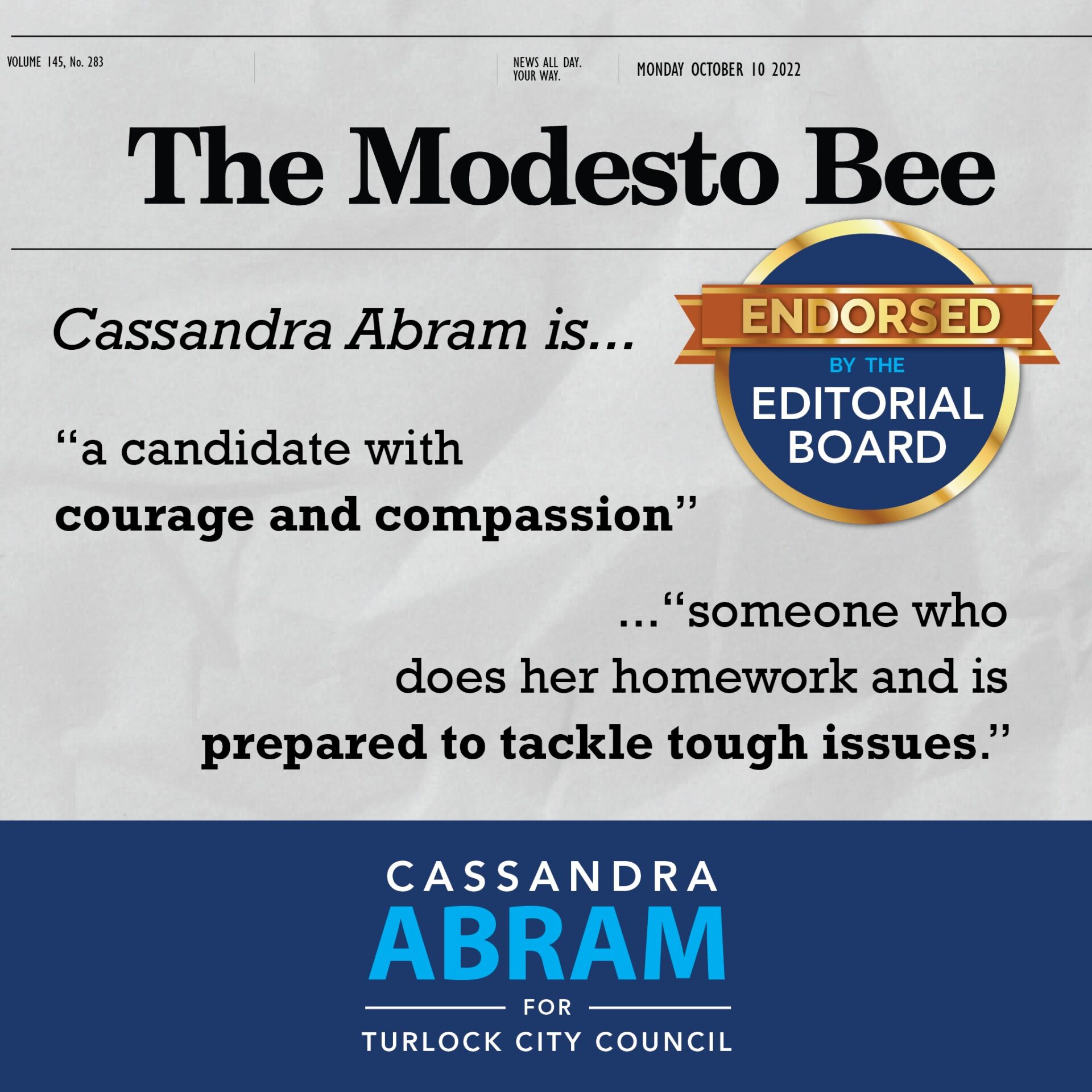 Modesto Bee Endorses Cassandra Abram for Turlock City Council